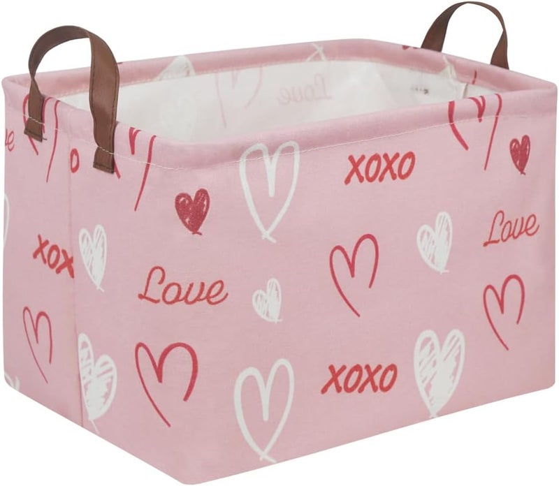 FXOCSHE FXOLCSHE Rectangular Girl Pink Basket,XOXO heart gift box,Pink baskets with Handle Organizer,Nursery hamper,Gift baskest,Shelf Basket(XOXO hearts） - Image 1